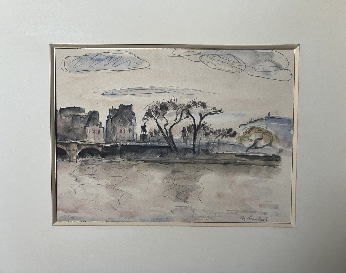 Maurice Asselin (1882–1947) View Of The Pont-neuf From The Quays, Paris, Signed Watercolor-photo-3