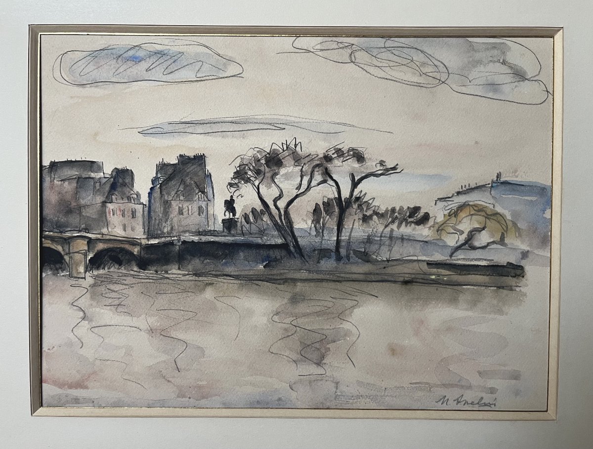 Maurice Asselin (1882–1947) View Of The Pont-neuf From The Quays, Paris, Signed Watercolor-photo-4