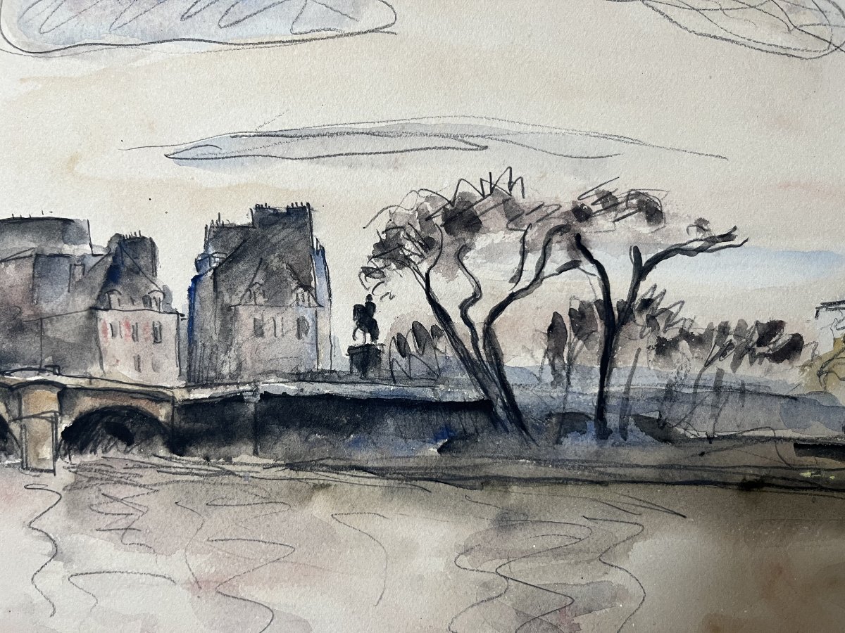 Maurice Asselin (1882–1947) View Of The Pont-neuf From The Quays, Paris, Signed Watercolor-photo-1