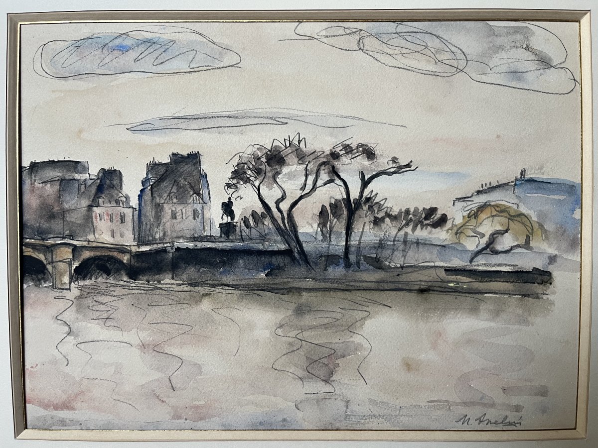 Maurice Asselin (1882–1947) View Of The Pont-neuf From The Quays, Paris, Signed Watercolor-photo-2