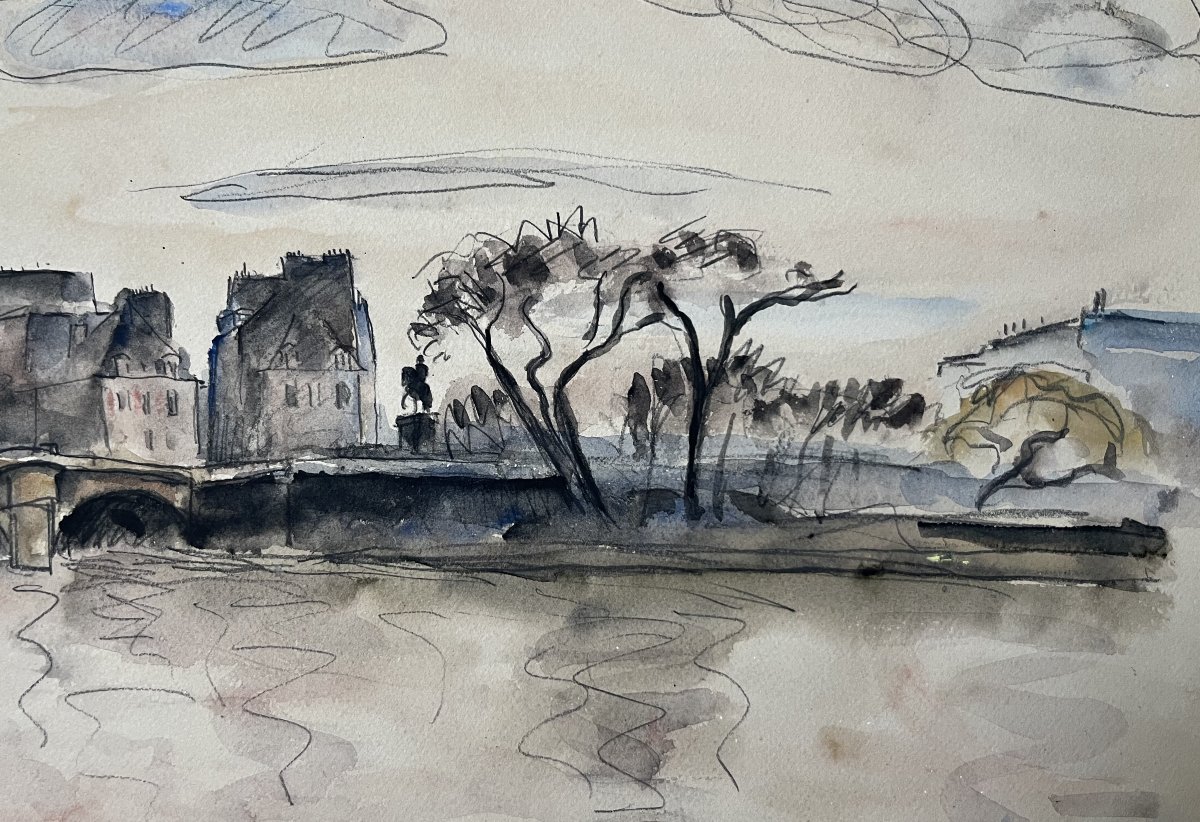 Maurice Asselin (1882–1947) View Of The Pont-neuf From The Quays, Paris, Signed Watercolor-photo-3