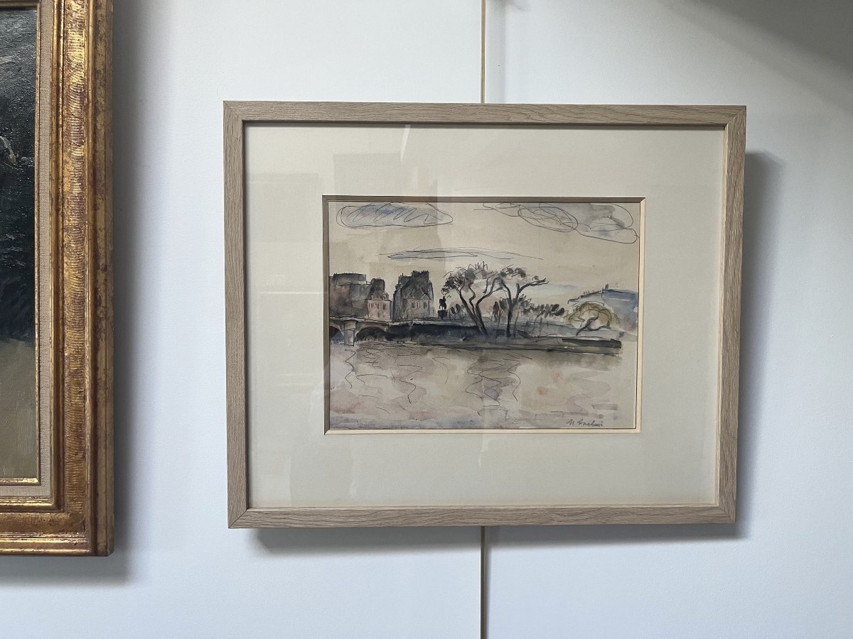 Maurice Asselin (1882–1947) View Of The Pont-neuf From The Quays, Paris, Signed Watercolor-photo-5