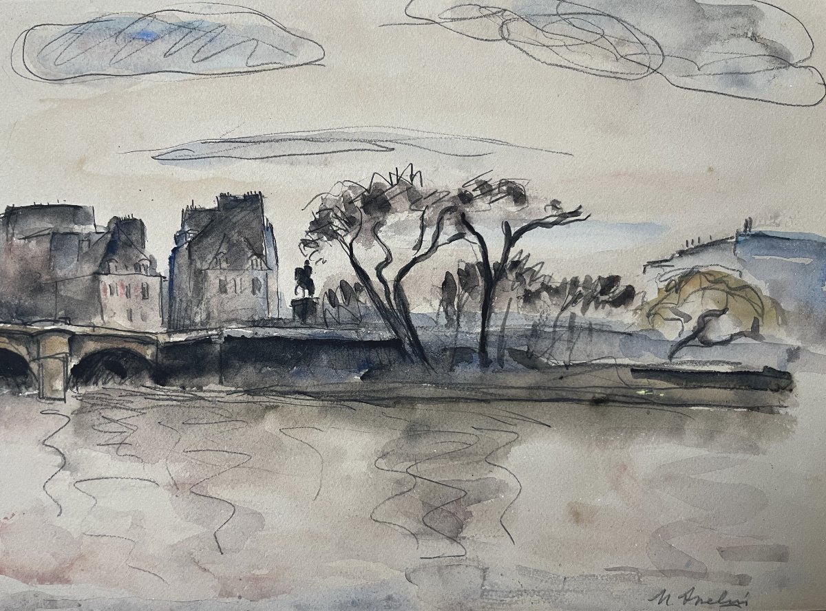 Maurice Asselin (1882–1947) View Of The Pont-neuf From The Quays, Paris, Signed Watercolor