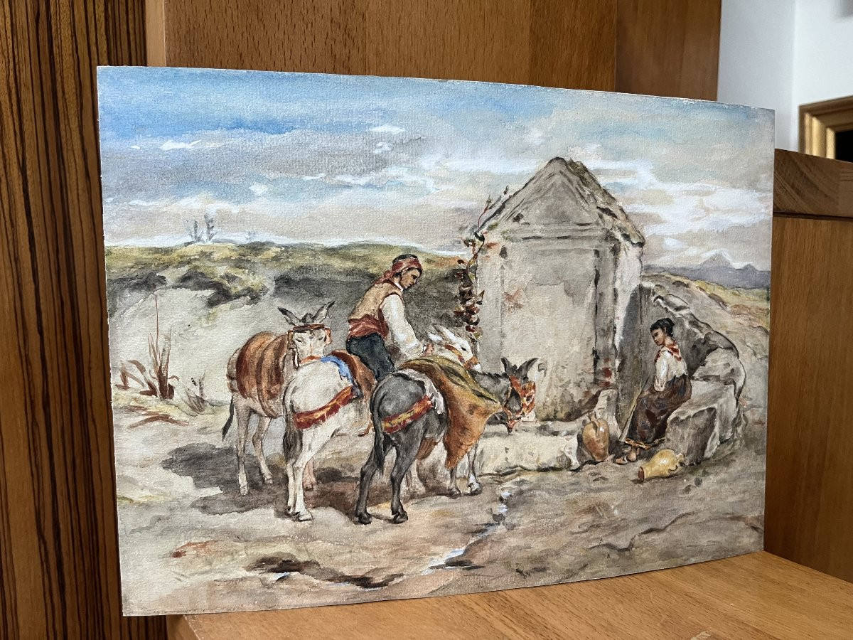 French School Of The Nineteenth Anier At La Fontaine, Watercolor-photo-1