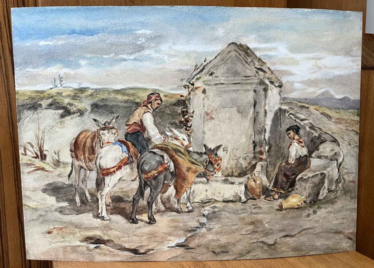 French School Of The Nineteenth Anier At La Fontaine, Watercolor-photo-3