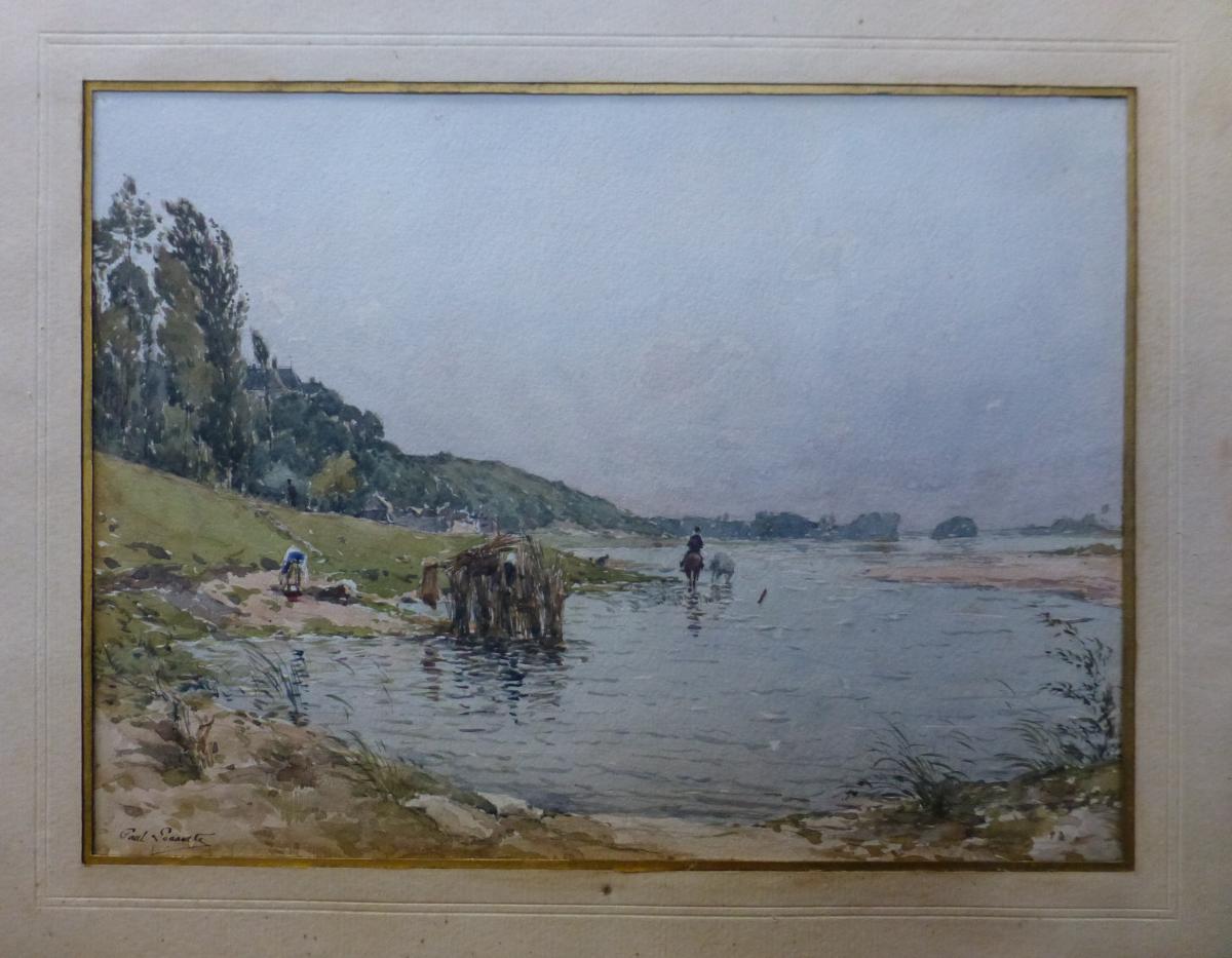 Paul Lecomte (1840-1920) Horses At The Bath In Chaumont Sur Loire, Watercolor-photo-2