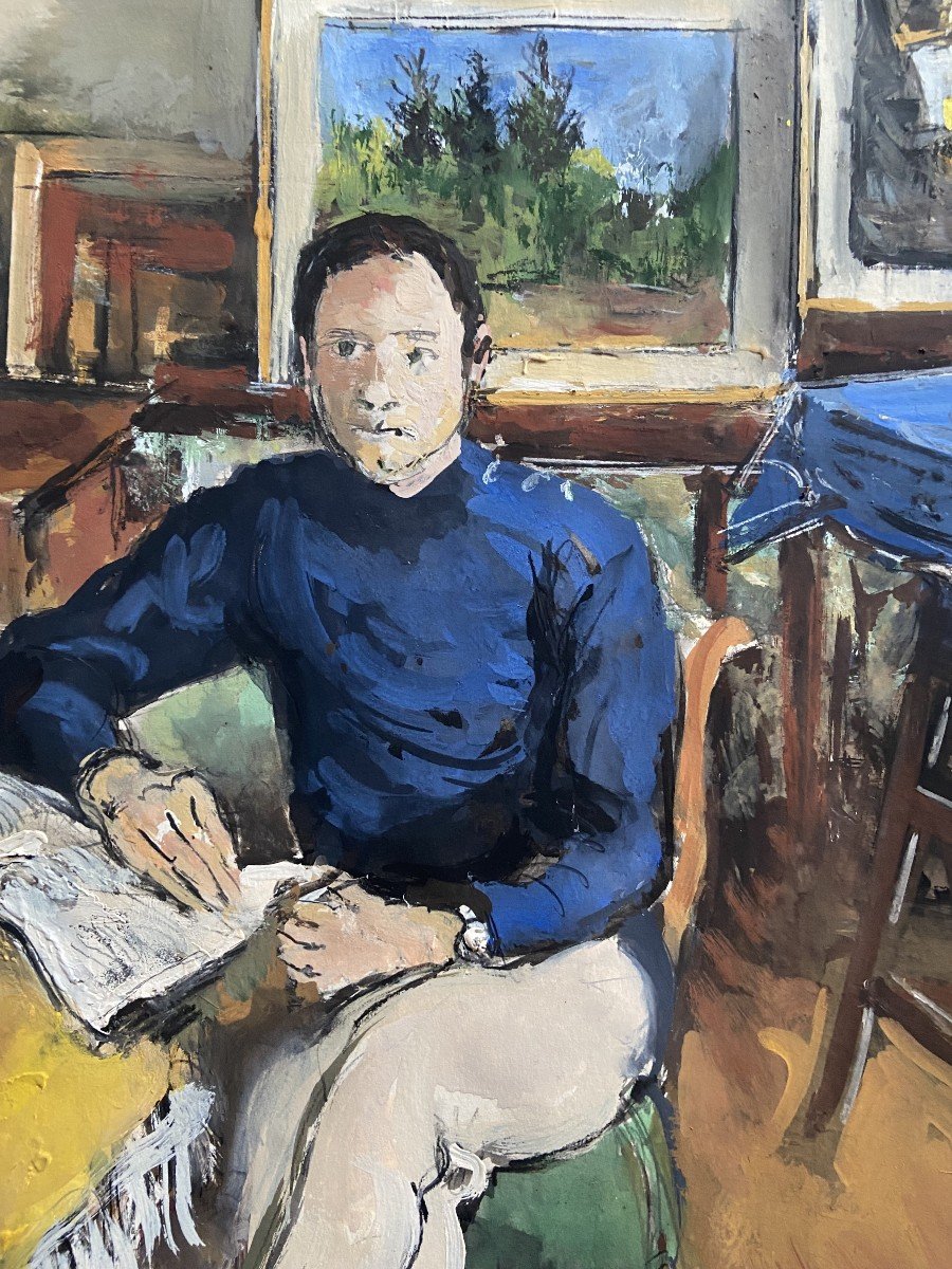 Jacques Thevenet (1891-1989) Portrait Of Man In The Studio, Gouache-photo-3