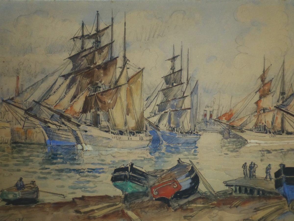 Frank Will (1900-1950)  Harbor At The Three Masts, Fecamp, Watercolor-photo-2