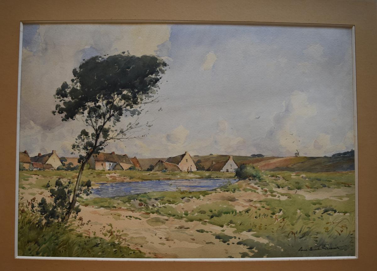 Paul-Emile Lecomte (1877-1950) Vue de village, grande aquare-photo-2