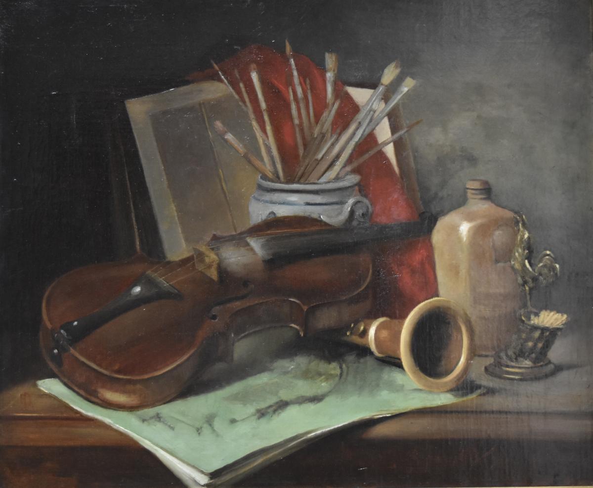 Edouard Detaille (1848-1912) Nature Morte Aux Instruments De Musique, Huile Sur Toile