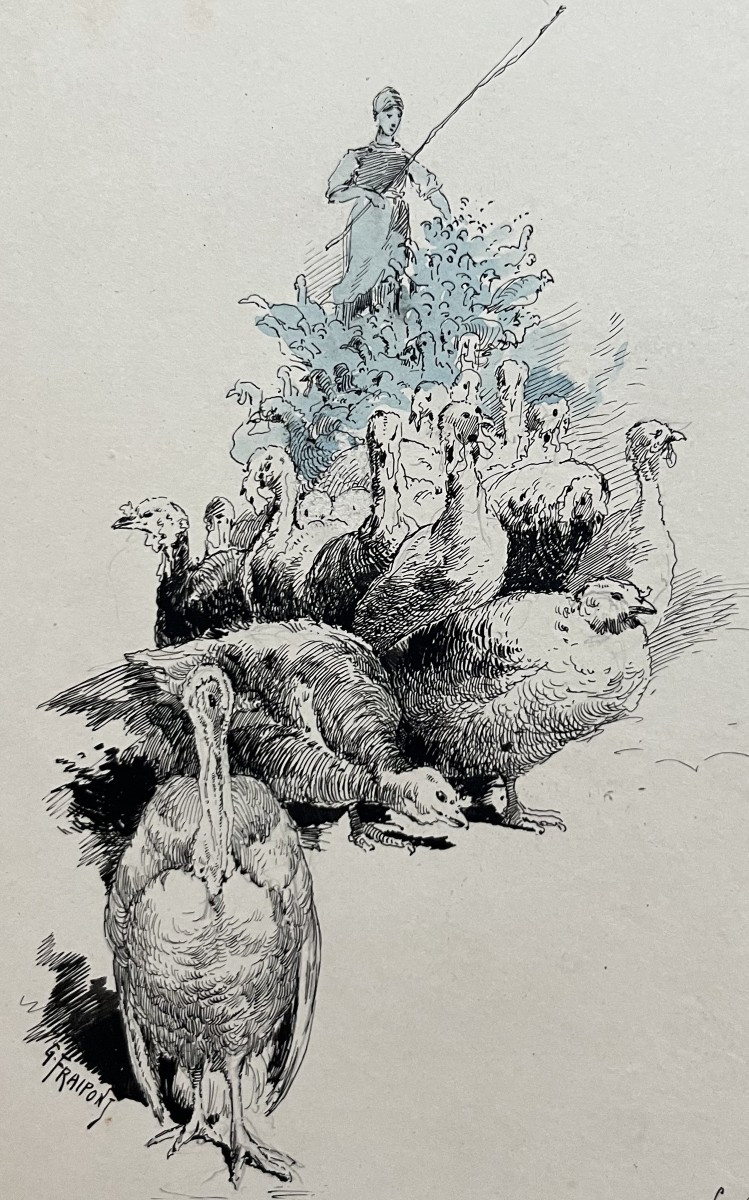 Gustave Fraipont (1849-1923) A Peasant Woman With Her Flock Of Turkeys, Drawing-photo-3