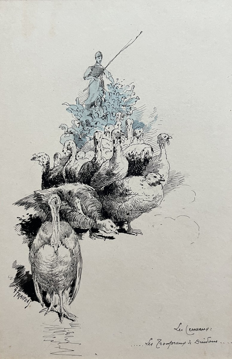 Gustave Fraipont (1849-1923) A Peasant Woman With Her Flock Of Turkeys, Drawing