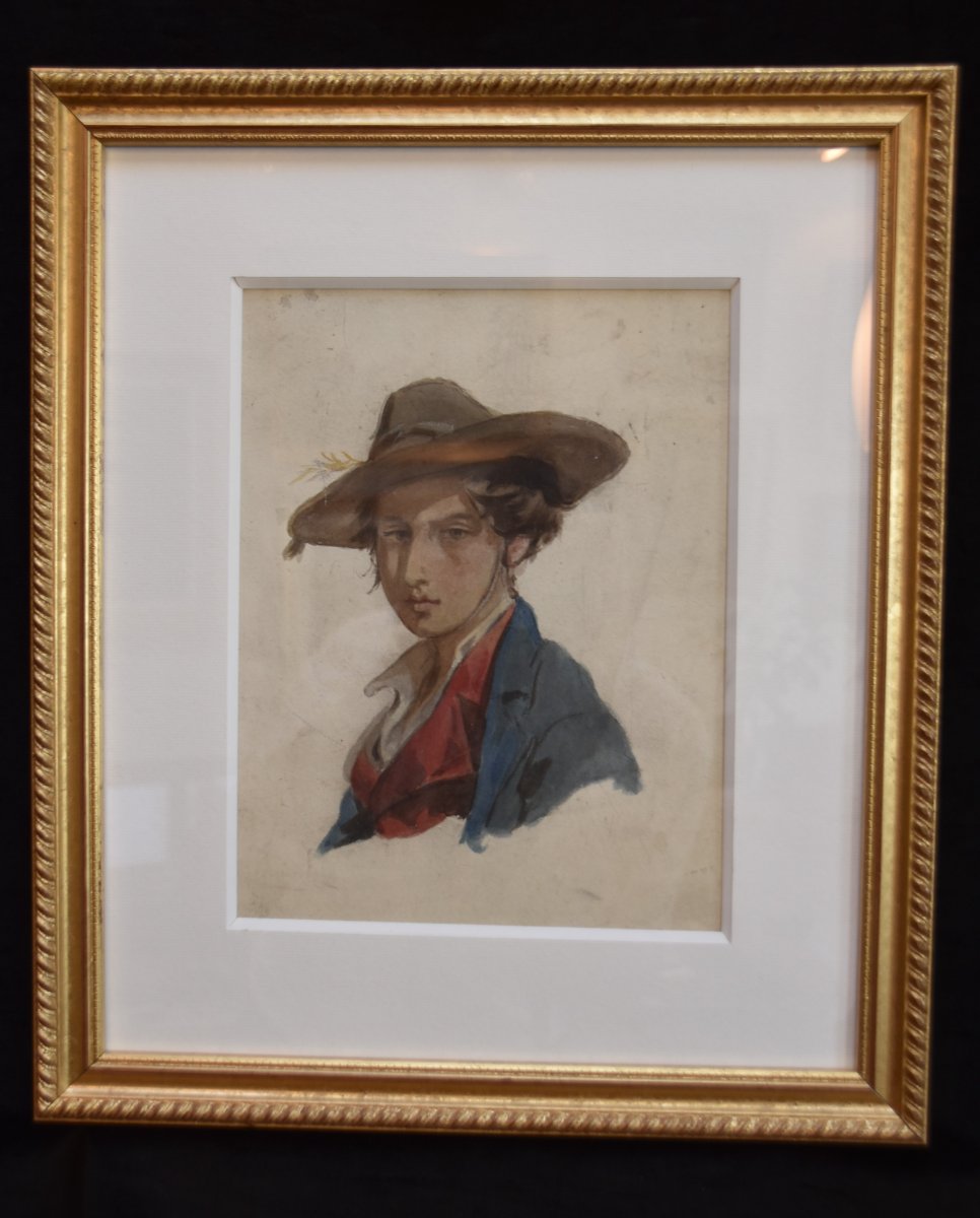 Attributed To Isidore Pils (1813-1875) Portrait Of Young Man, Watercolor-photo-2