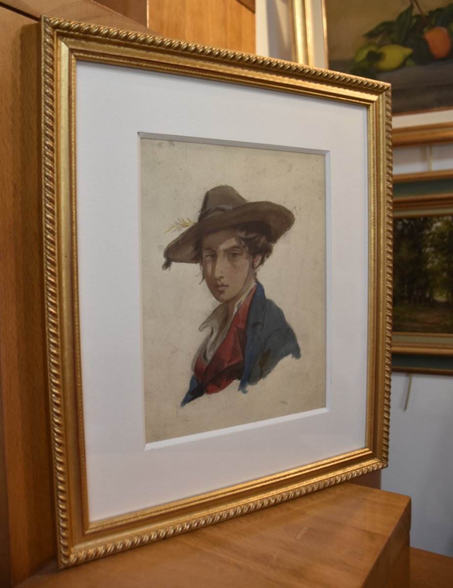 Attributed To Isidore Pils (1813-1875) Portrait Of Young Man, Watercolor-photo-4
