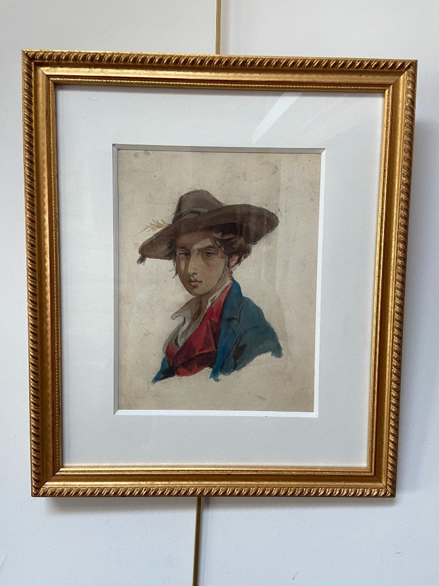 Attributed To Isidore Pils (1813-1875) Portrait Of Young Man, Watercolor-photo-1