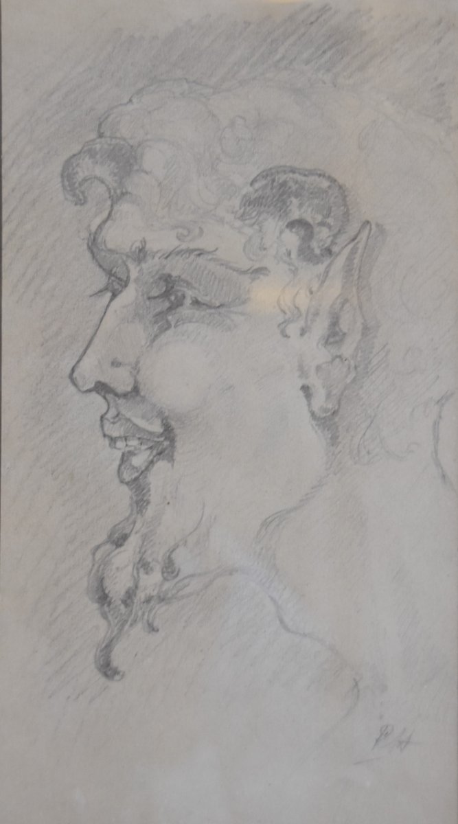 France Early 20th Century, Head Of A Faun, Original Drawing