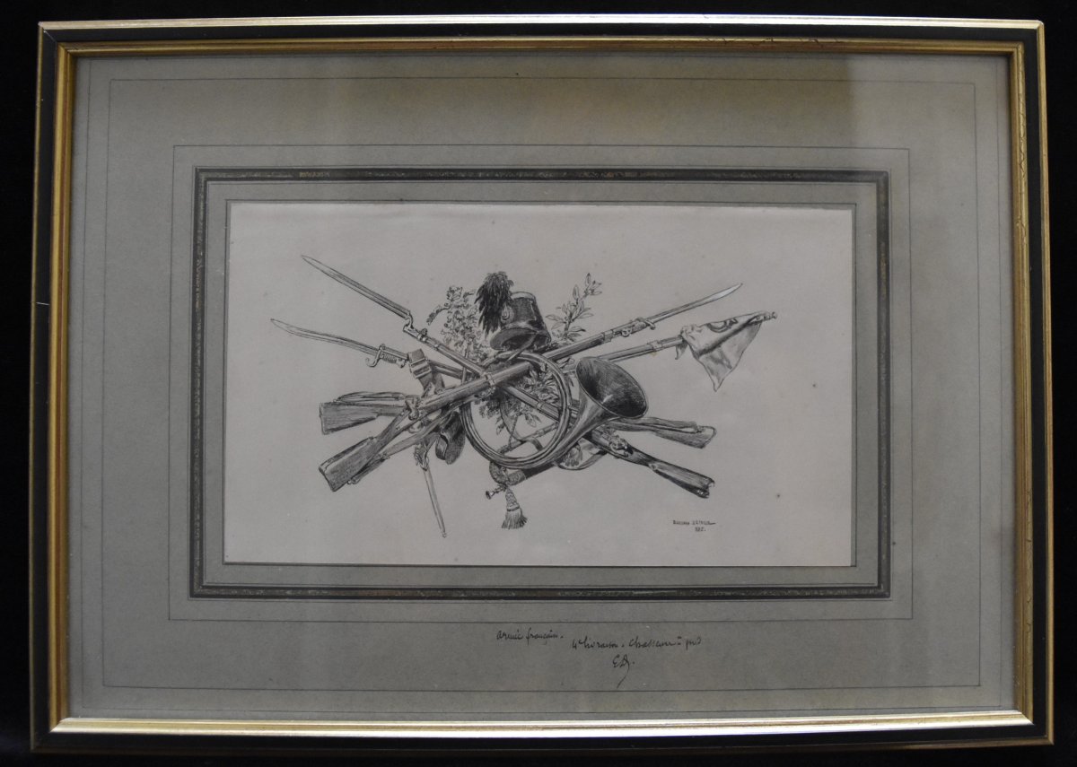 Edouard Detaille (1848-1912) Trophée d'Armes, 1885 dessin à la plume Signé-photo-2