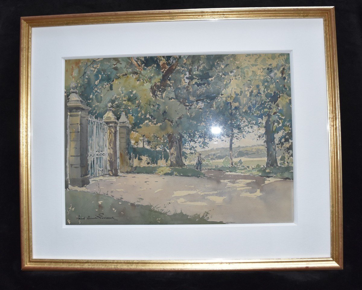 Paul Emile Lecomte (1877-1950)  La Grille, Aquarelle Signée-photo-2