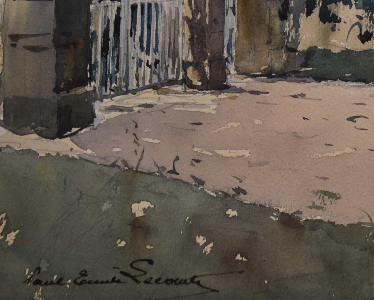 Paul Emile Lecomte (1877-1950)  La Grille, Aquarelle Signée-photo-3