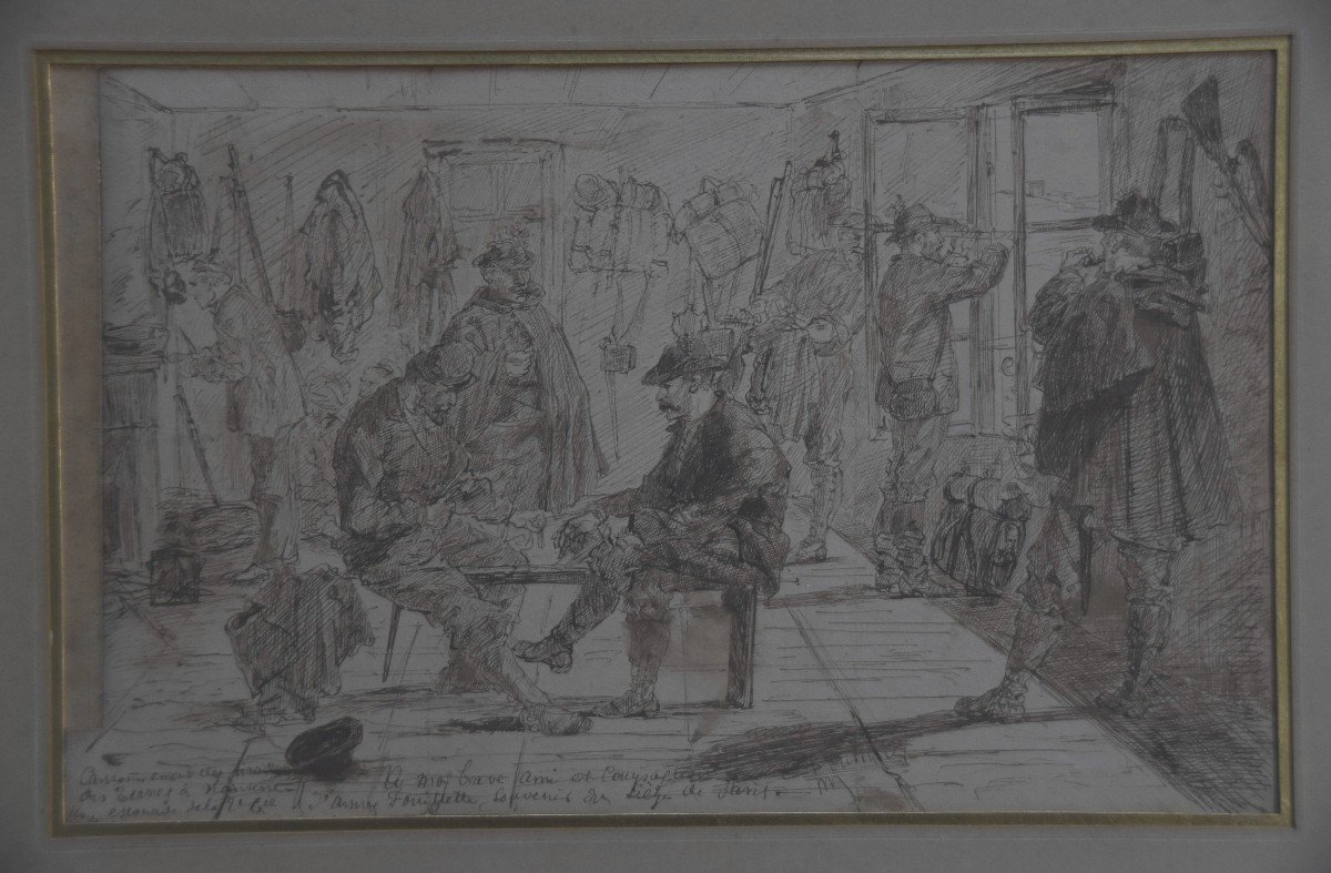 French School XIX °, Cantonment Of Soldiers, Episode Of The War Of 1870, Pen And Ink-photo-3