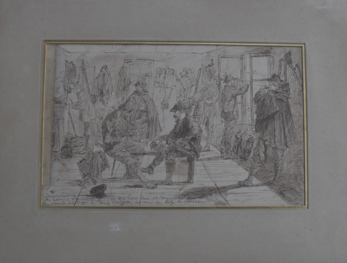 French School XIX °, Cantonment Of Soldiers, Episode Of The War Of 1870, Pen And Ink-photo-4