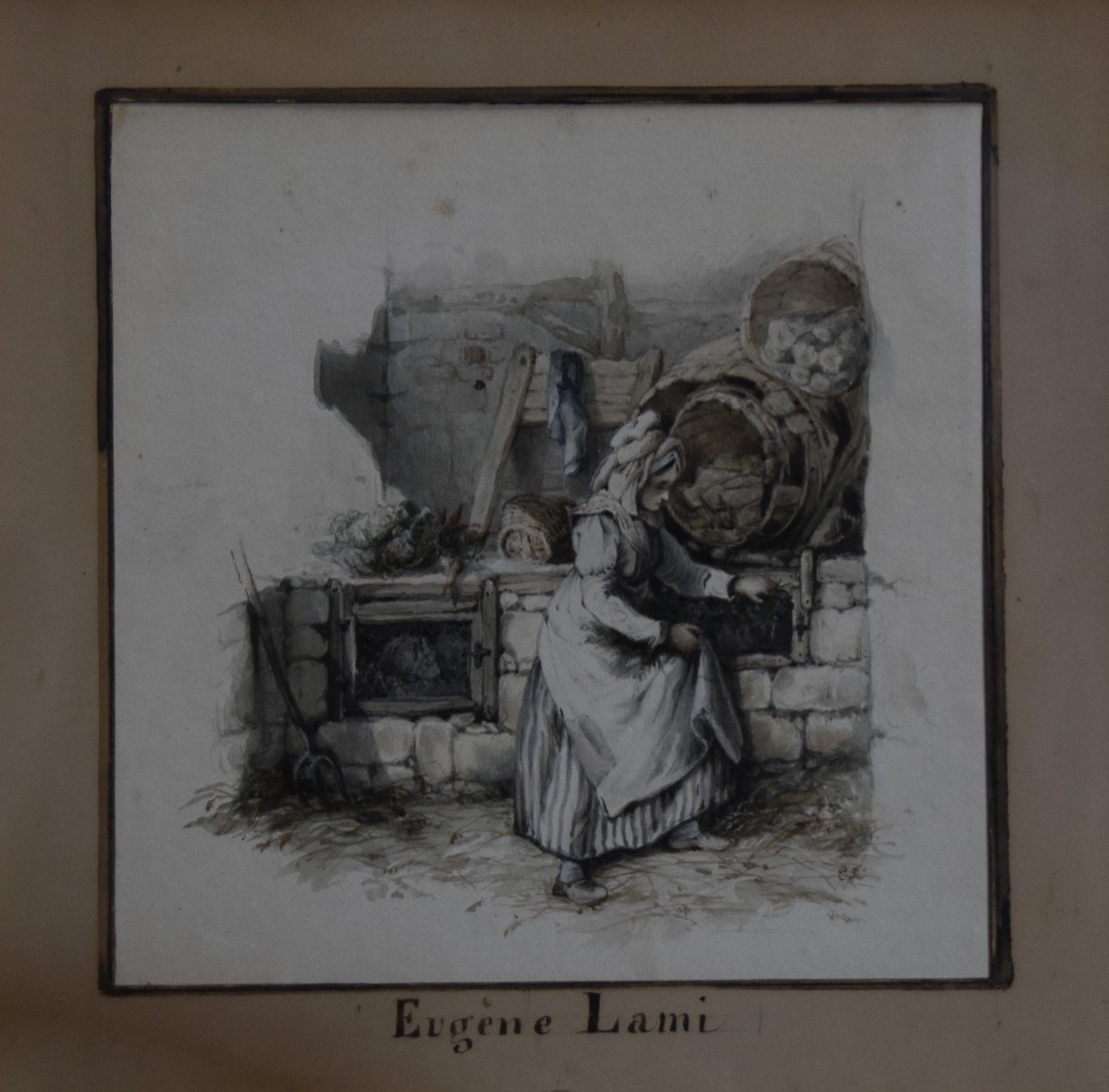 Attribué à Eugène Lami (1800-1890), Jeune Femme Nourrissant Ses Lapins, Aquarelle -photo-3