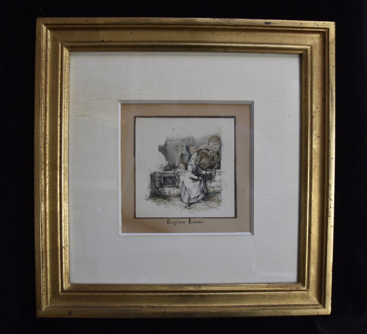 Attribué à Eugène Lami (1800-1890), Jeune Femme Nourrissant Ses Lapins, Aquarelle -photo-3