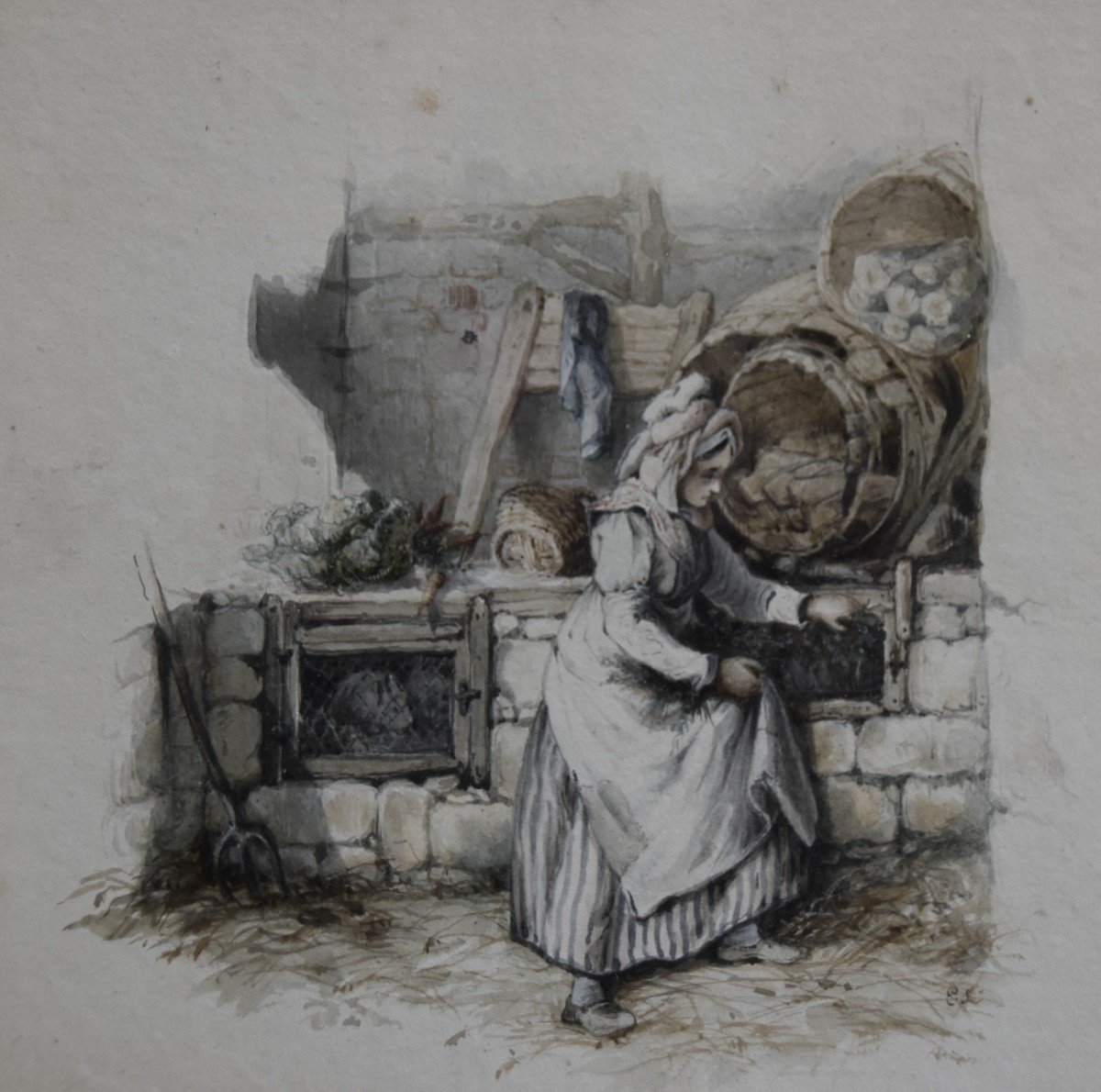 Attribué à Eugène Lami (1800-1890), Jeune Femme Nourrissant Ses Lapins, Aquarelle 