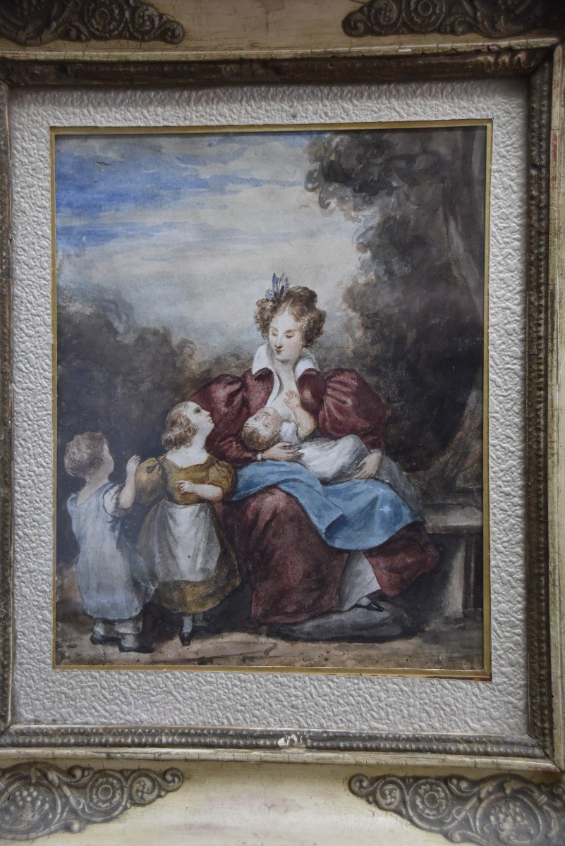 Attributed To Eugène Devéria (1805-1865) The Happy Family, Framed Watercolor-photo-2