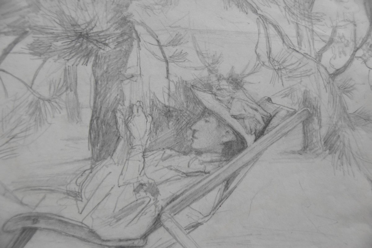 Ecole Française Début XX° siècle, Jeune Femme à La Chaise Longue, Dessin -photo-2