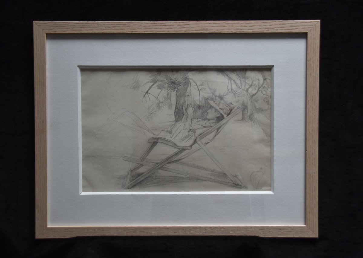 Ecole Française Début XX° siècle, Jeune Femme à La Chaise Longue, Dessin -photo-1