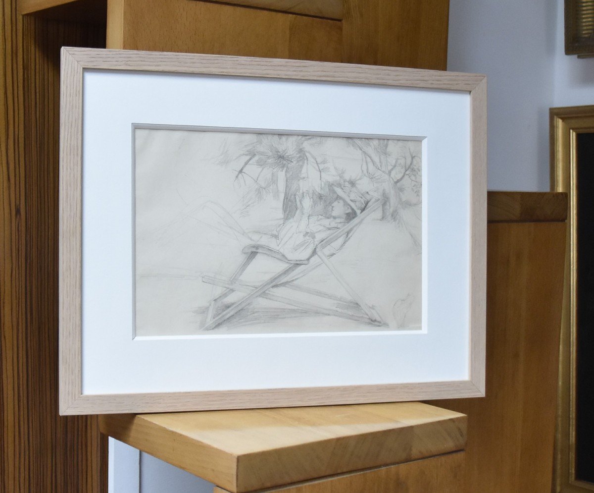 Ecole Française Début XX° siècle, Jeune Femme à La Chaise Longue, Dessin -photo-2