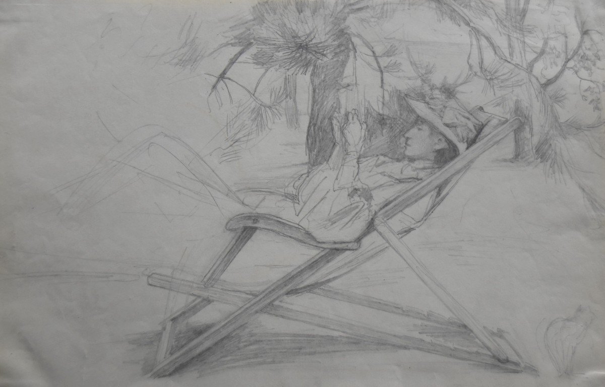 Ecole Française Début XX° siècle, Jeune Femme à La Chaise Longue, Dessin 