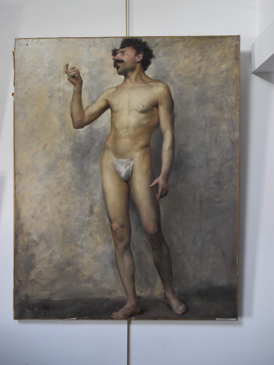 Edmond Suau (1871-1929) Une Académie, Standing Man, Oil On Canvas Signed-photo-2