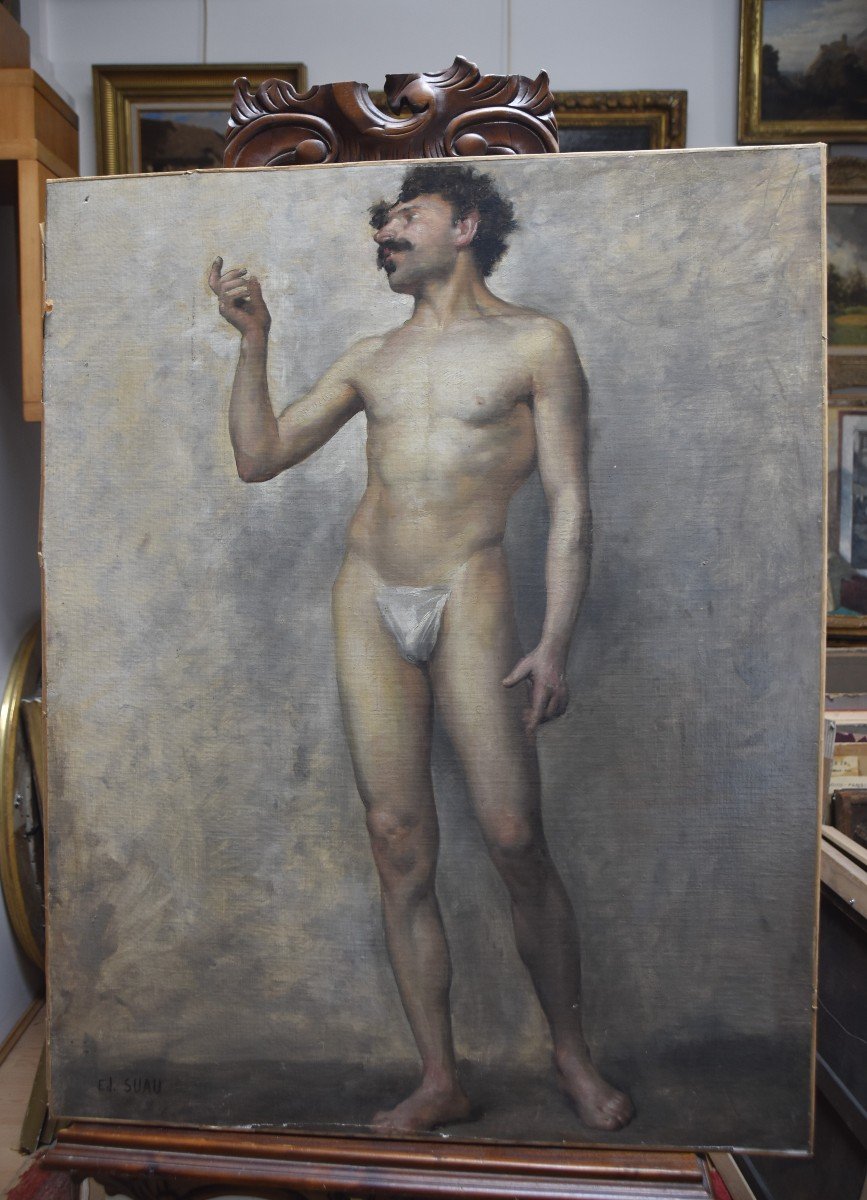 Edmond Suau (1871-1929) Une Académie, Standing Man, Oil On Canvas Signed-photo-3