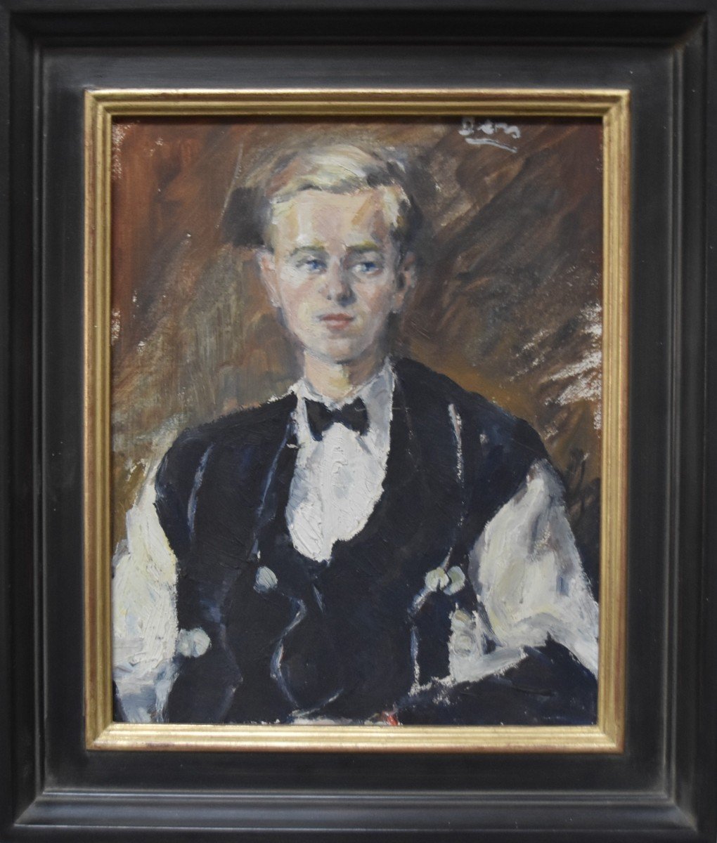 Ecole Française Vers 1930, Portrait De Jeune Homme, Huile Sur Panneau-photo-2