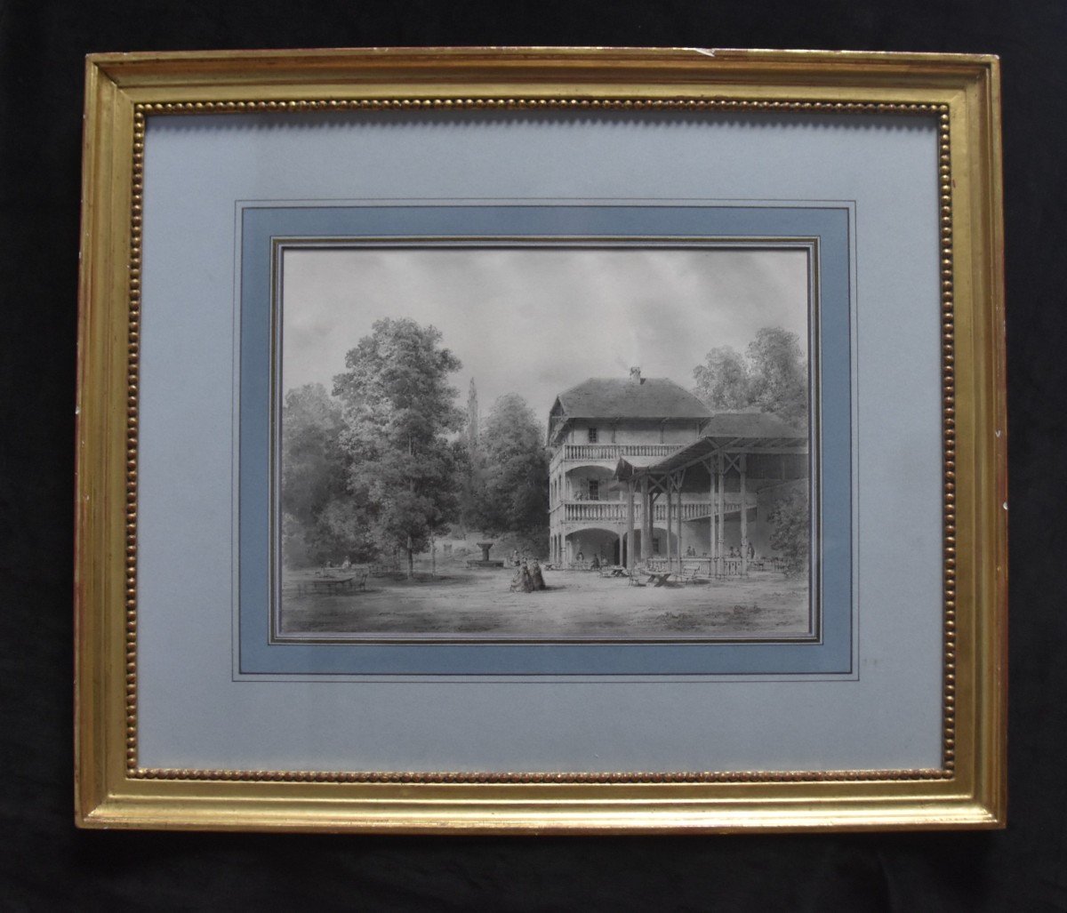 Romantic School Of The Nineteenth Century, A Pavilion In A Garden, Original Drawing-photo-2