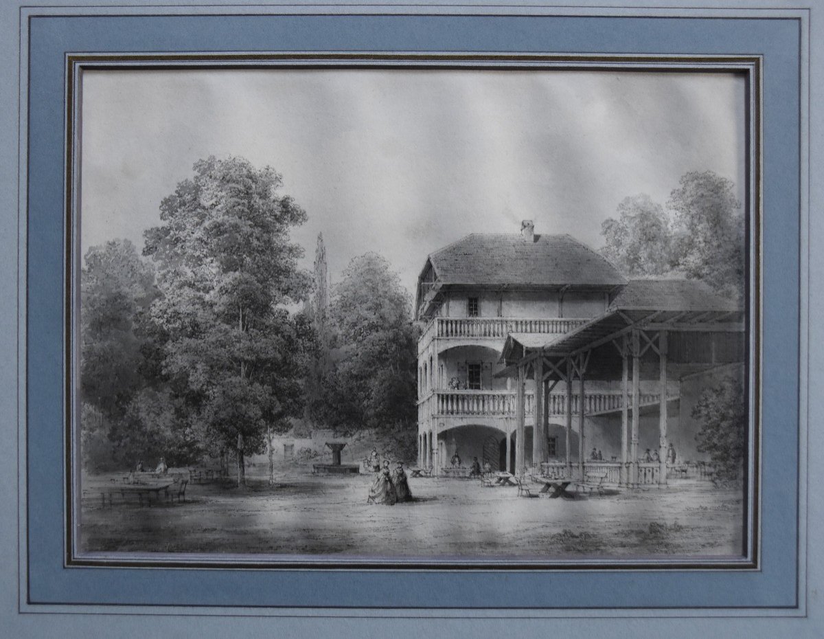 Romantic School Of The Nineteenth Century, A Pavilion In A Garden, Original Drawing-photo-3