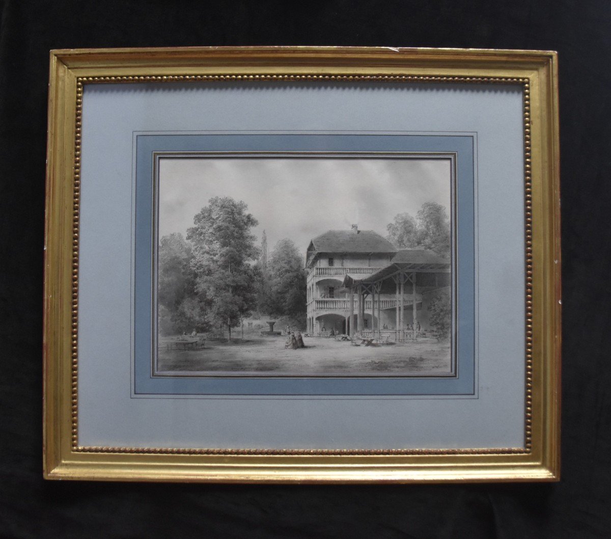 Romantic School Of The Nineteenth Century, A Pavilion In A Garden, Original Drawing-photo-4