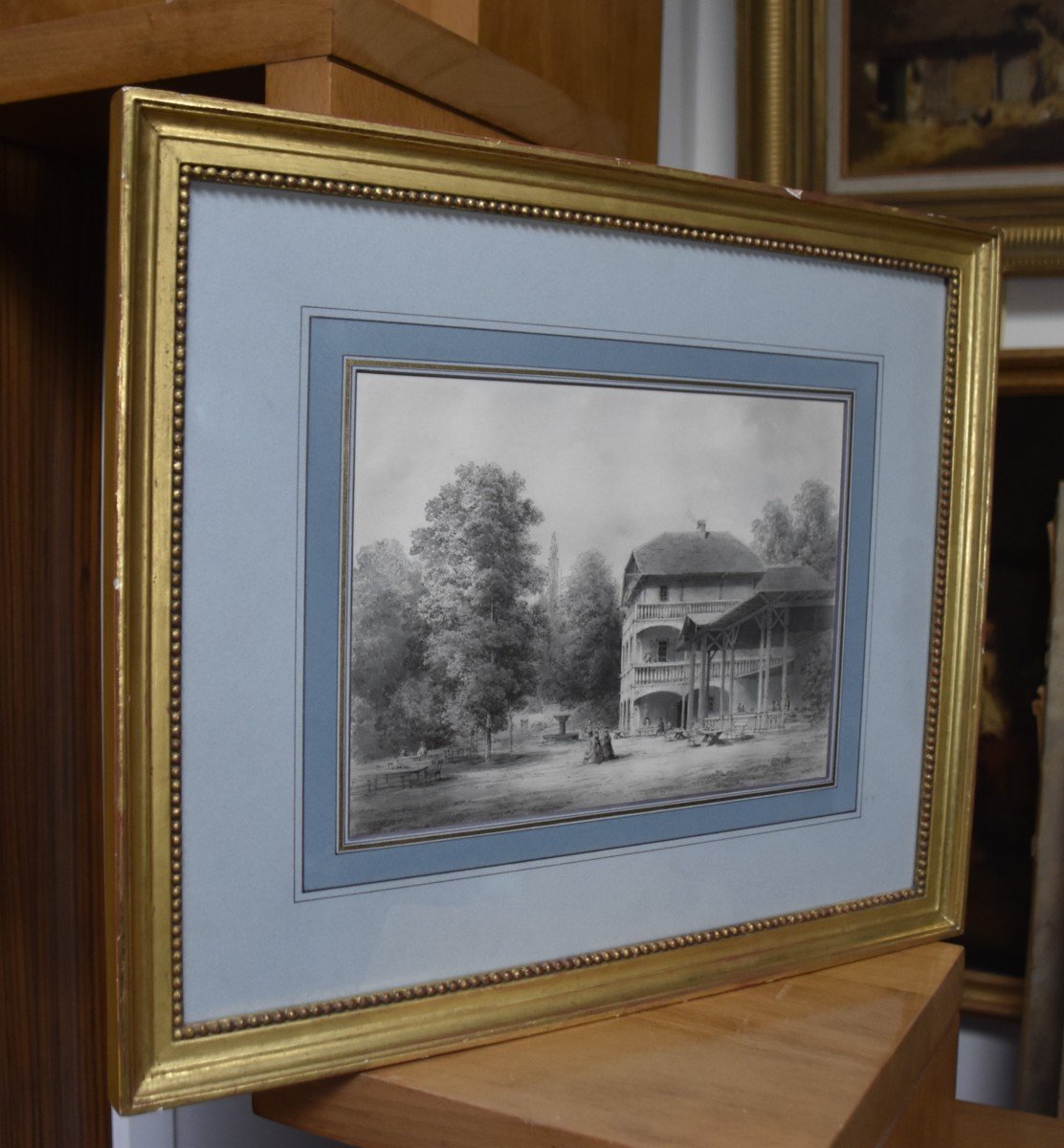 Ecole Romantique Du XIXe Siècle, Un Pavillon Dans Un Jardin, Dessin Original-photo-2