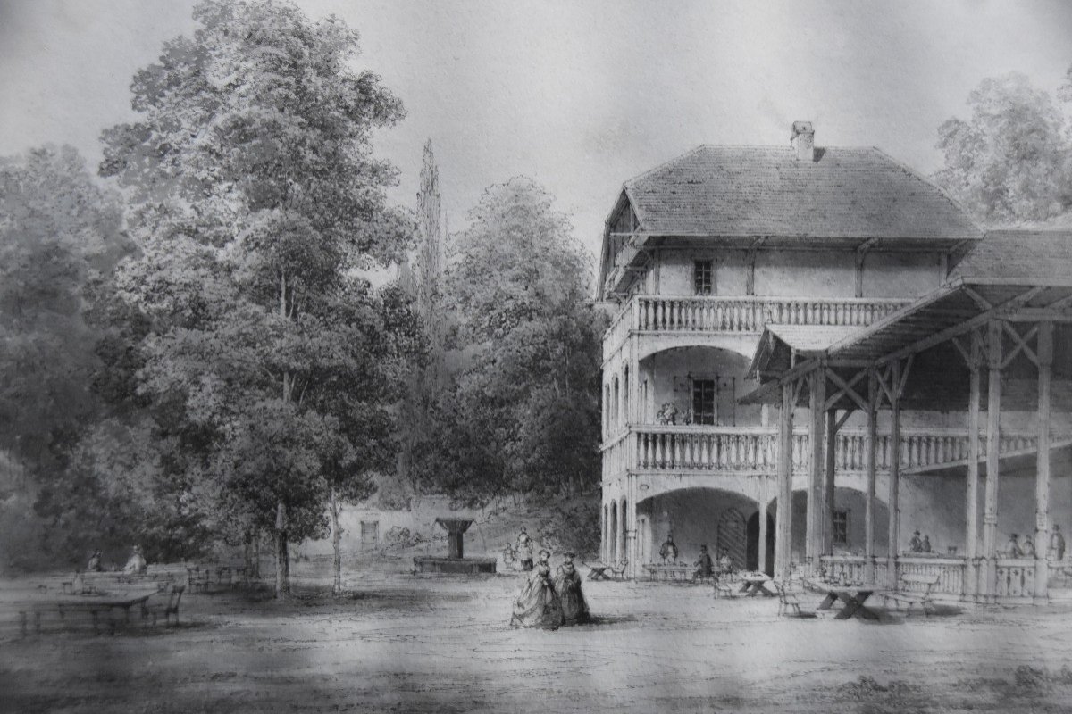 Romantic School Of The Nineteenth Century, A Pavilion In A Garden, Original Drawing-photo-6