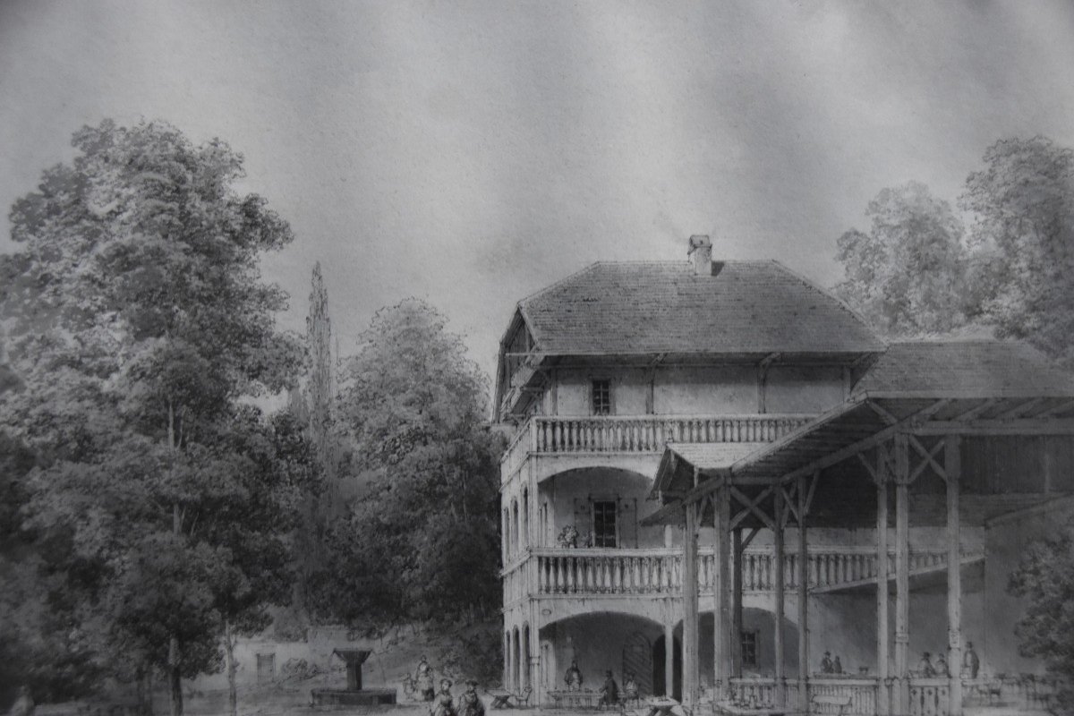 Romantic School Of The Nineteenth Century, A Pavilion In A Garden, Original Drawing-photo-7