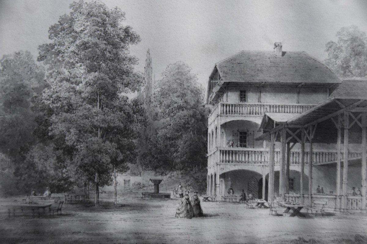 Romantic School Of The Nineteenth Century, A Pavilion In A Garden, Original Drawing-photo-8