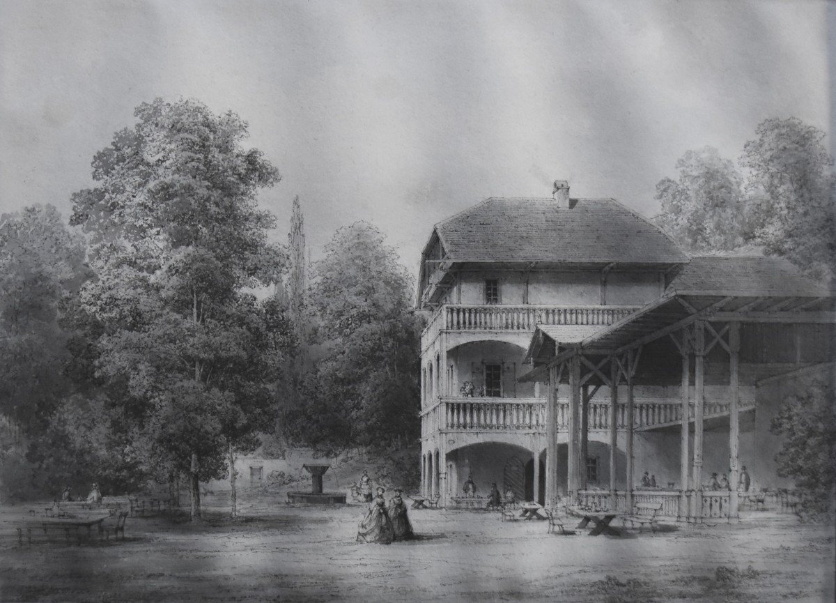 Ecole Romantique Du XIXe Siècle, Un Pavillon Dans Un Jardin, Dessin Original