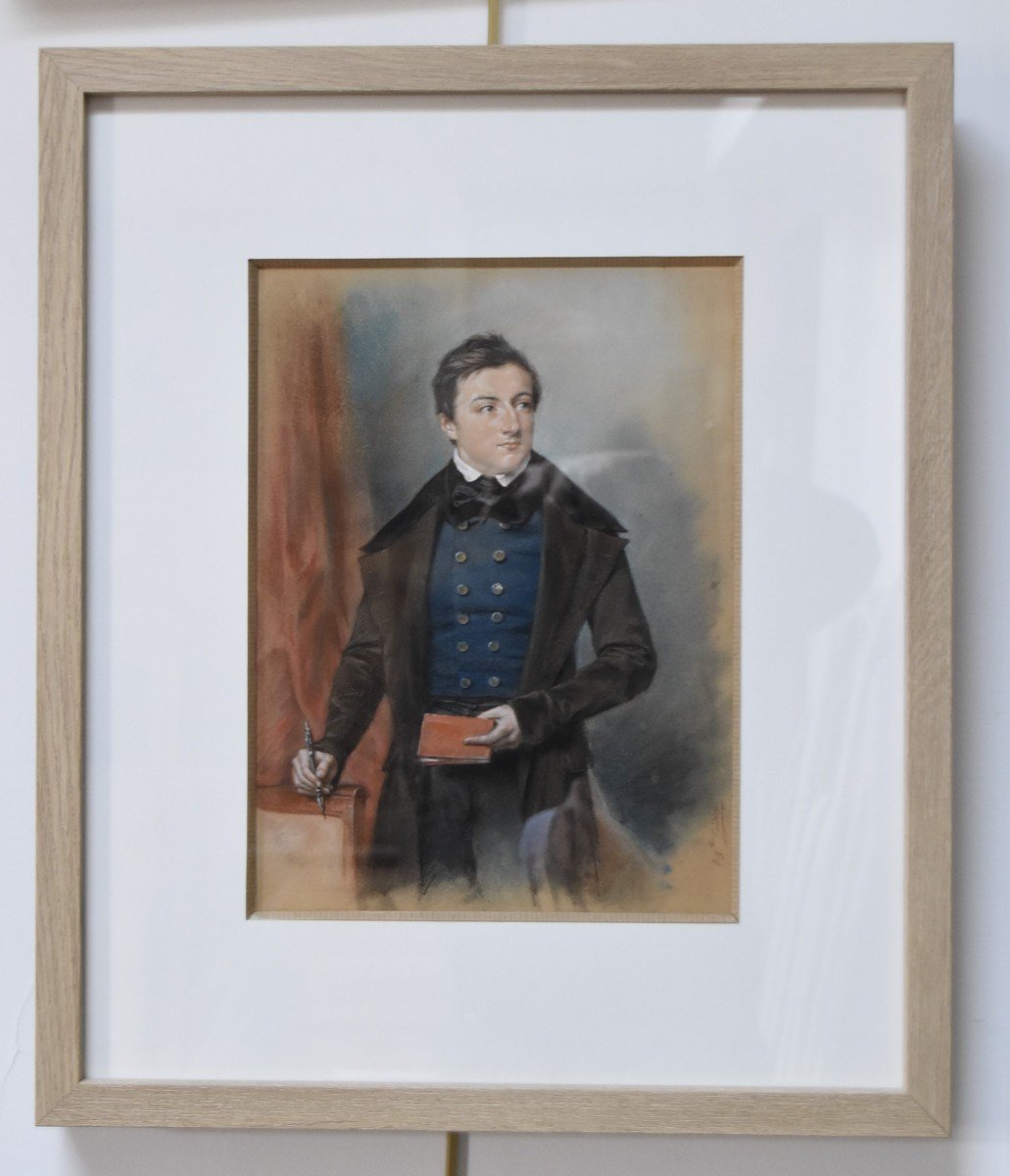 Louis Charles Auguste Couder (1789-1873) Portrait Of A Young Man, Pastel Signed-photo-2