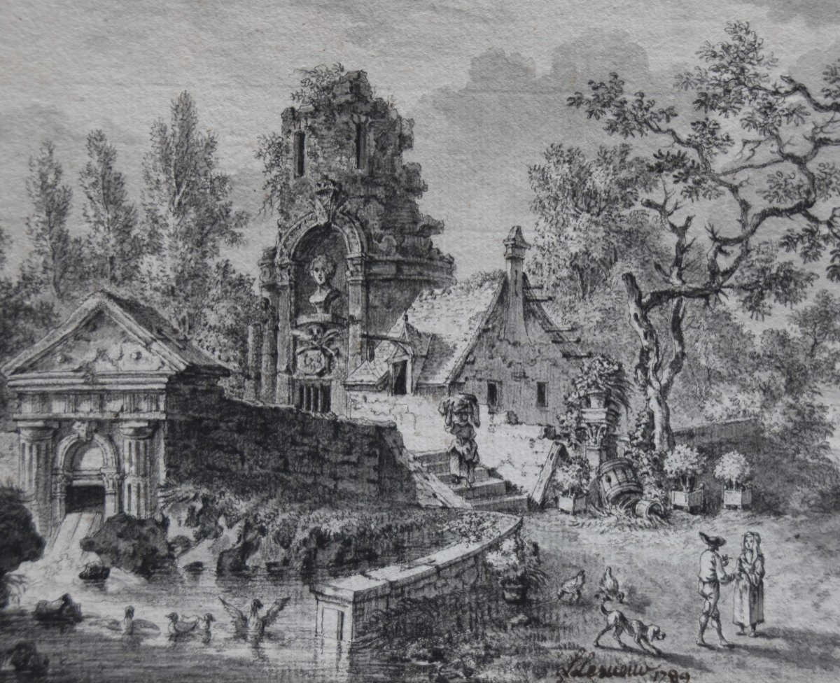 Louis Lesueur (1746-1803)  Paysage Fantastique Avec Ruines Anciennes, 1789,  Dessin Signé Daté -photo-2