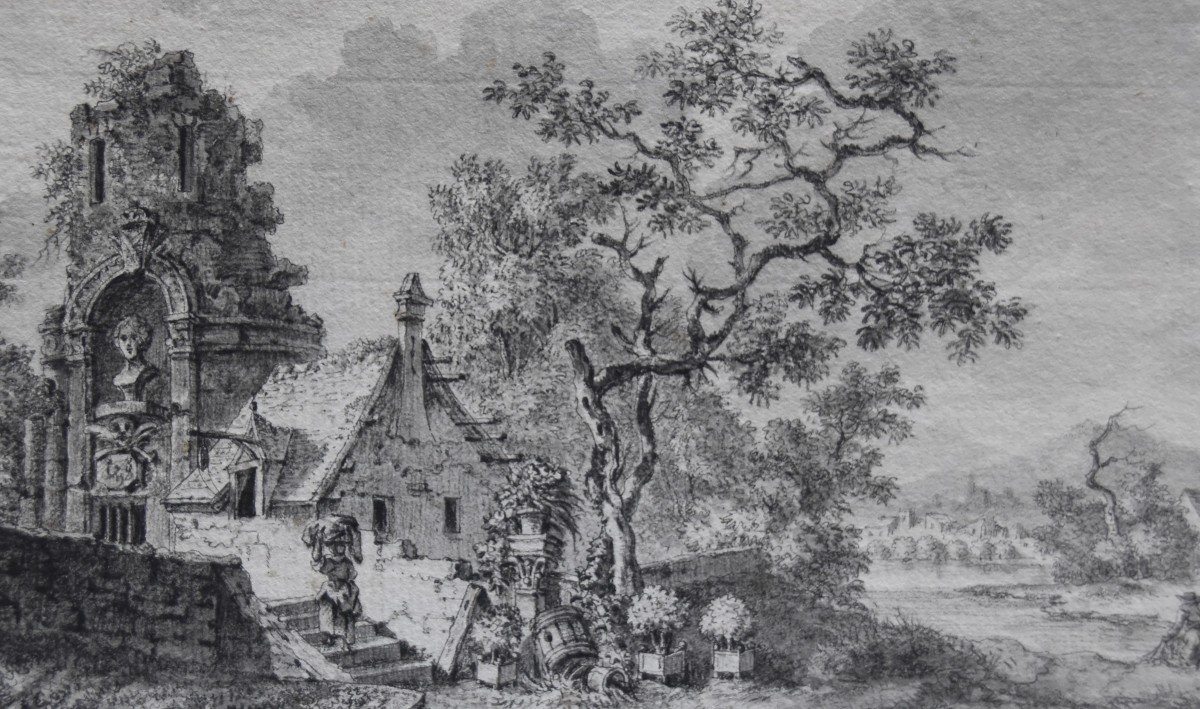 Louis Lesueur (1746-1803)  Paysage Fantastique Avec Ruines Anciennes, 1789,  Dessin Signé Daté -photo-3