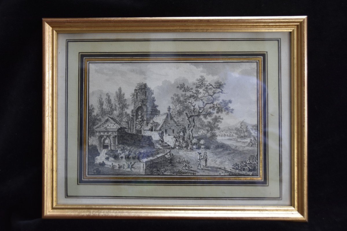 Louis Lesueur (1746-1803) Fantastic Landscape With Ancient Ruins, 1789, Signed Dated Drawing-photo-4