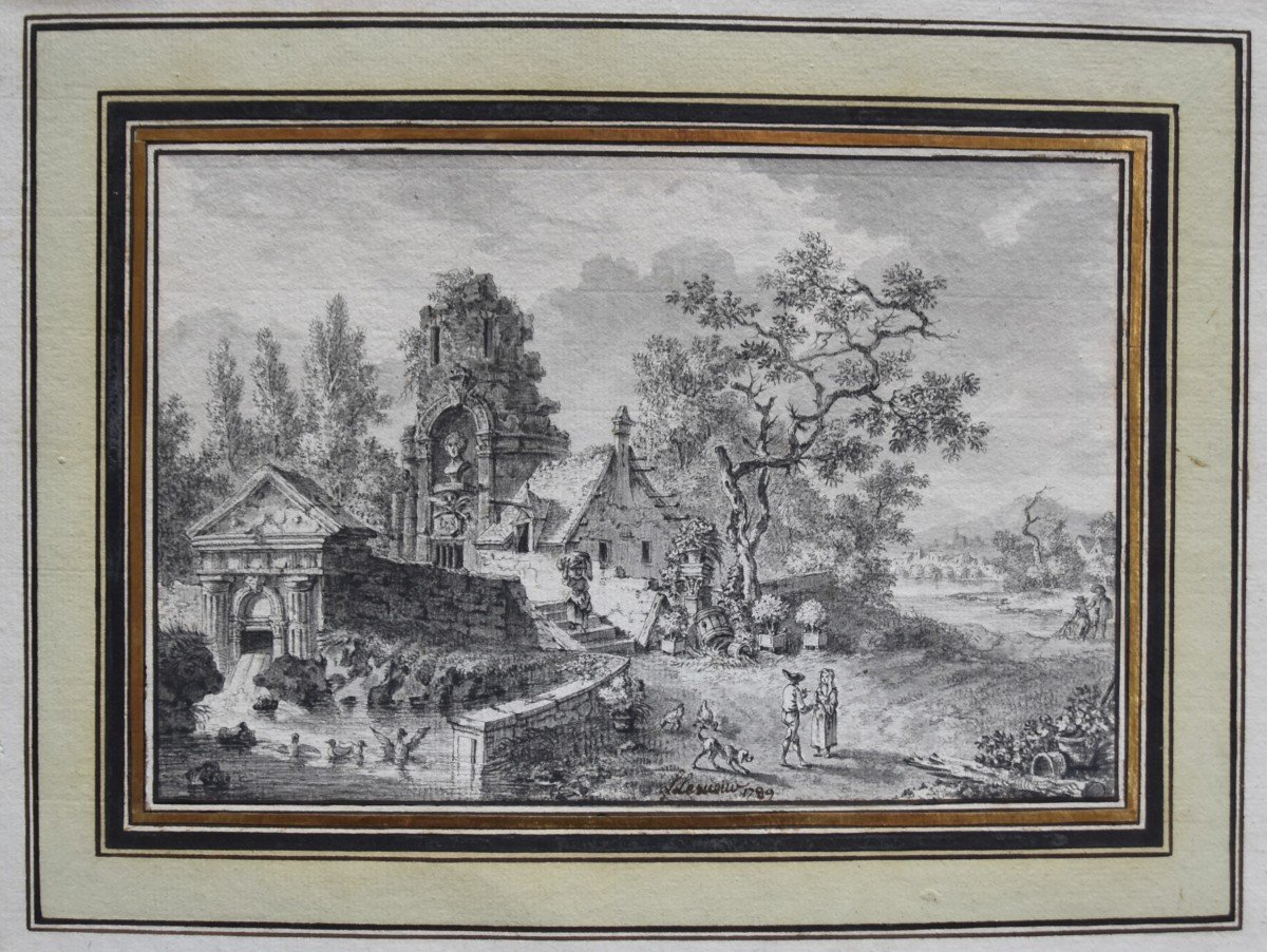 Louis Lesueur (1746-1803)  Paysage Fantastique Avec Ruines Anciennes, 1789,  Dessin Signé Daté -photo-2