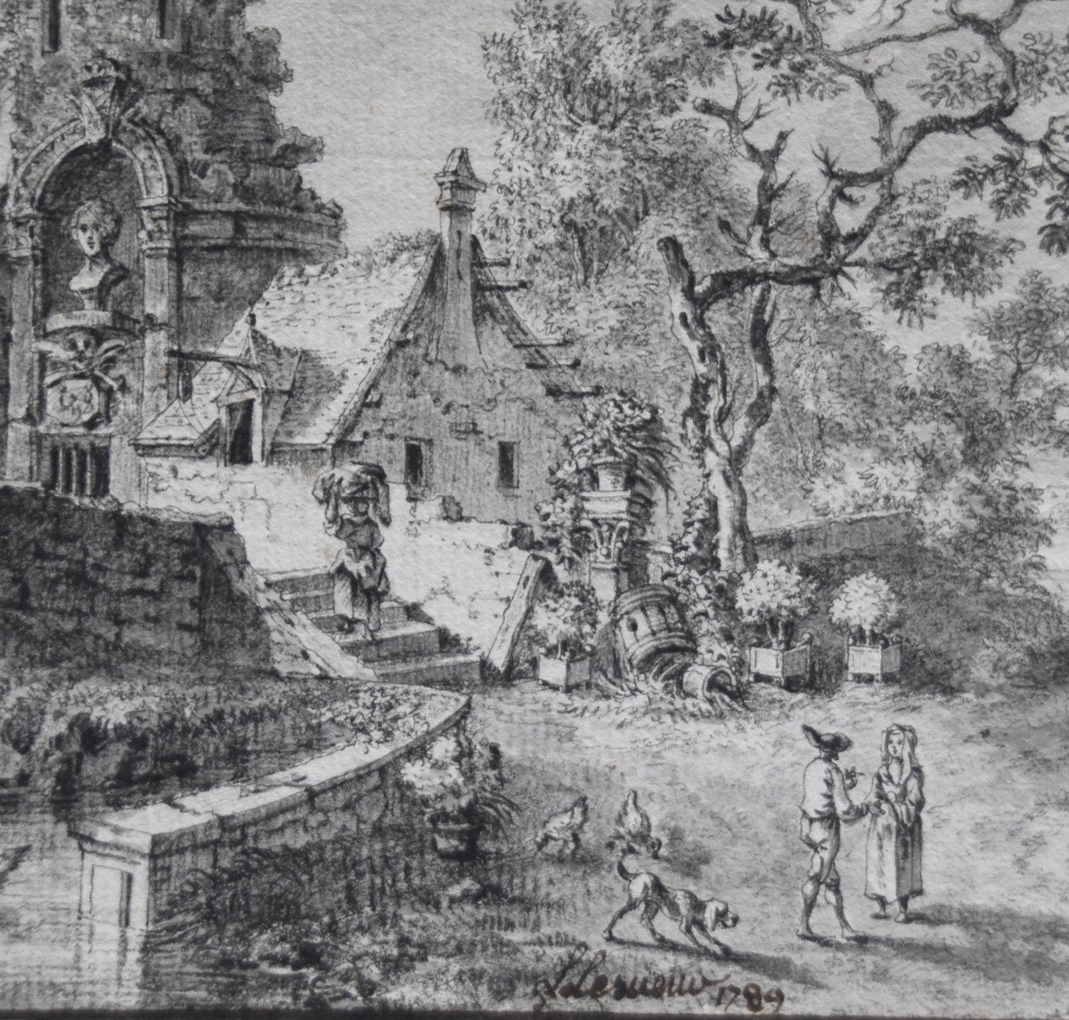 Louis Lesueur (1746-1803)  Paysage Fantastique Avec Ruines Anciennes, 1789,  Dessin Signé Daté -photo-3